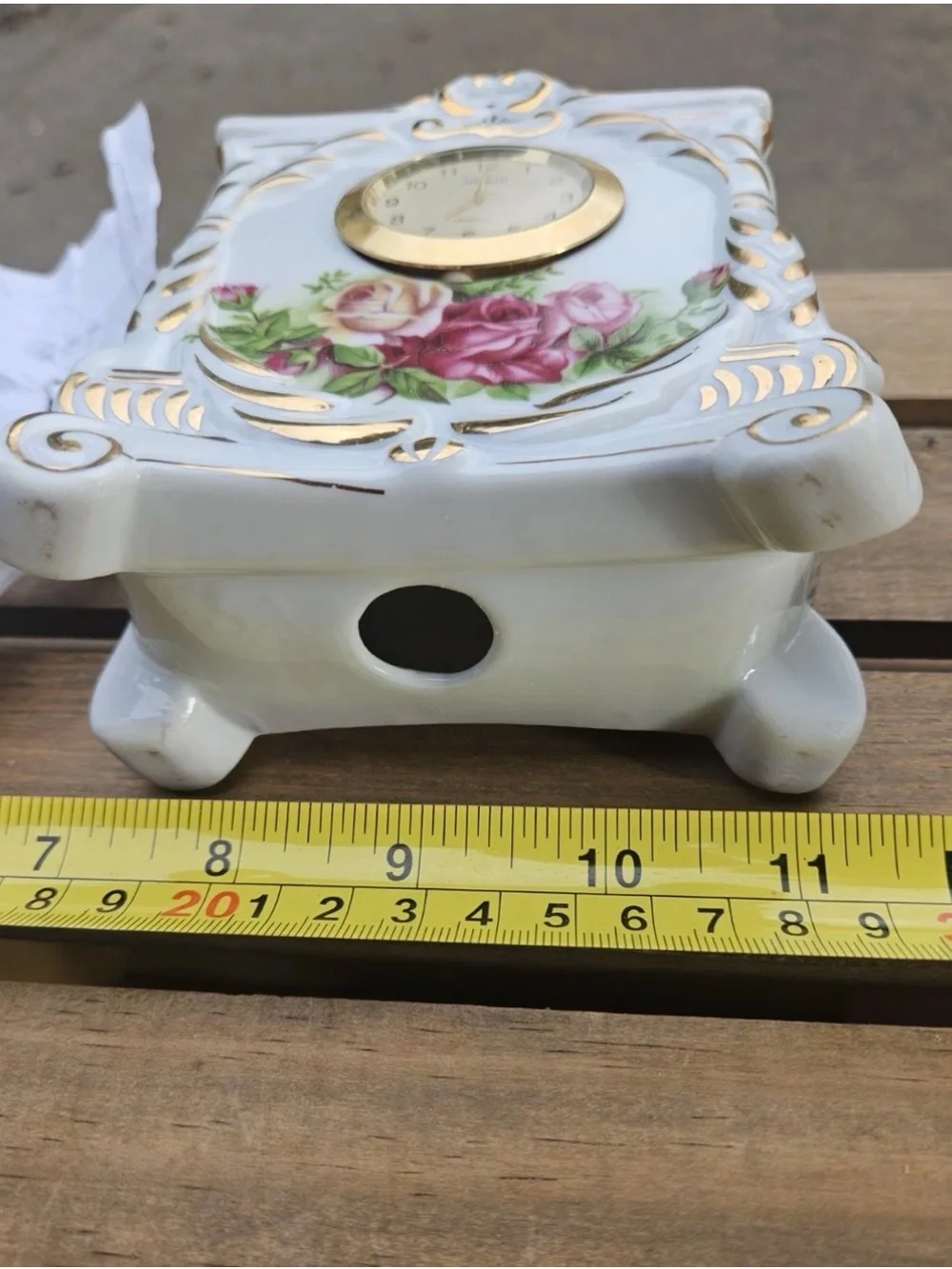 Vintage Porcelain Rose Mantel Clock | Gold Gilt | Quartz Shelf Clock